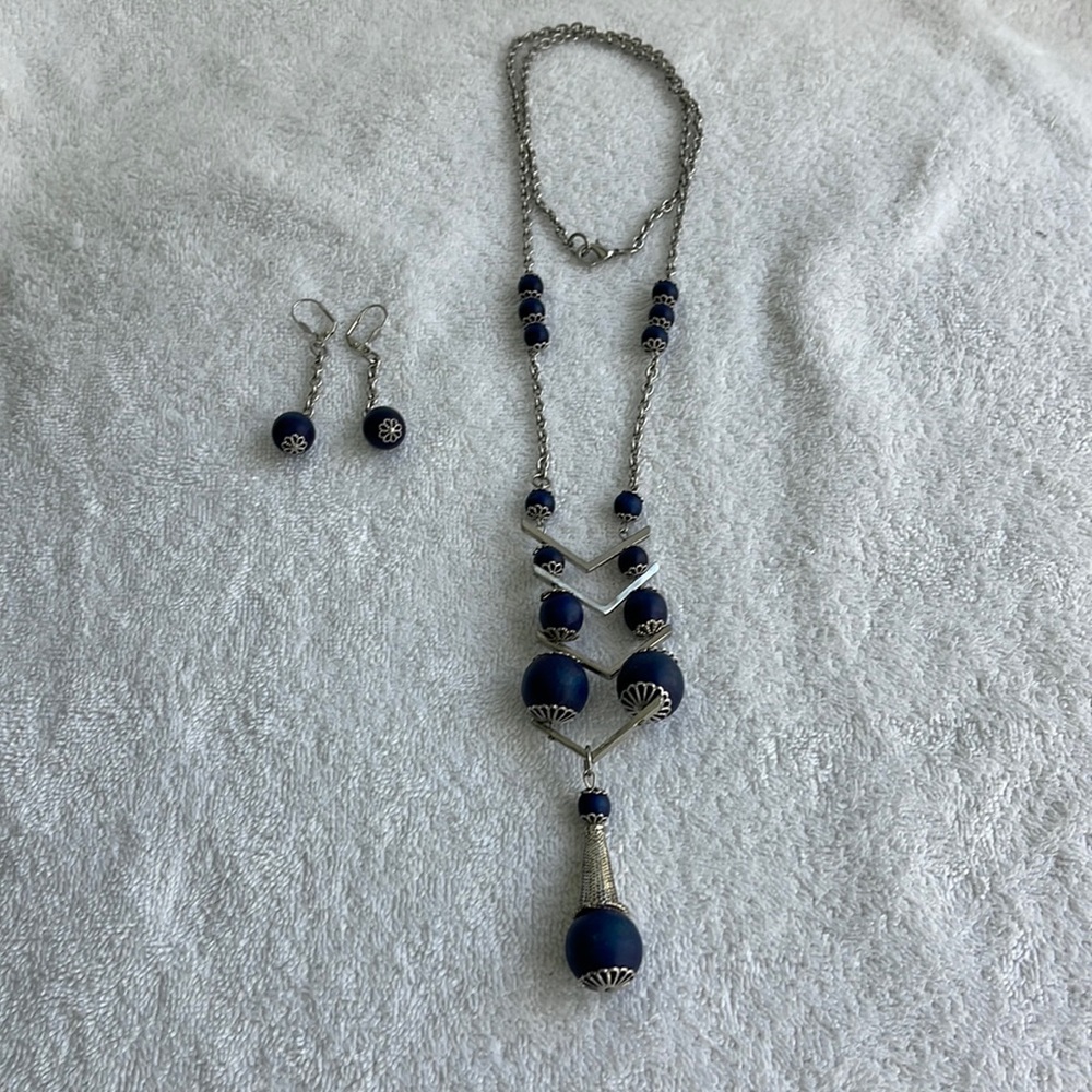 Custom handmade silver, blue necklace & earring set